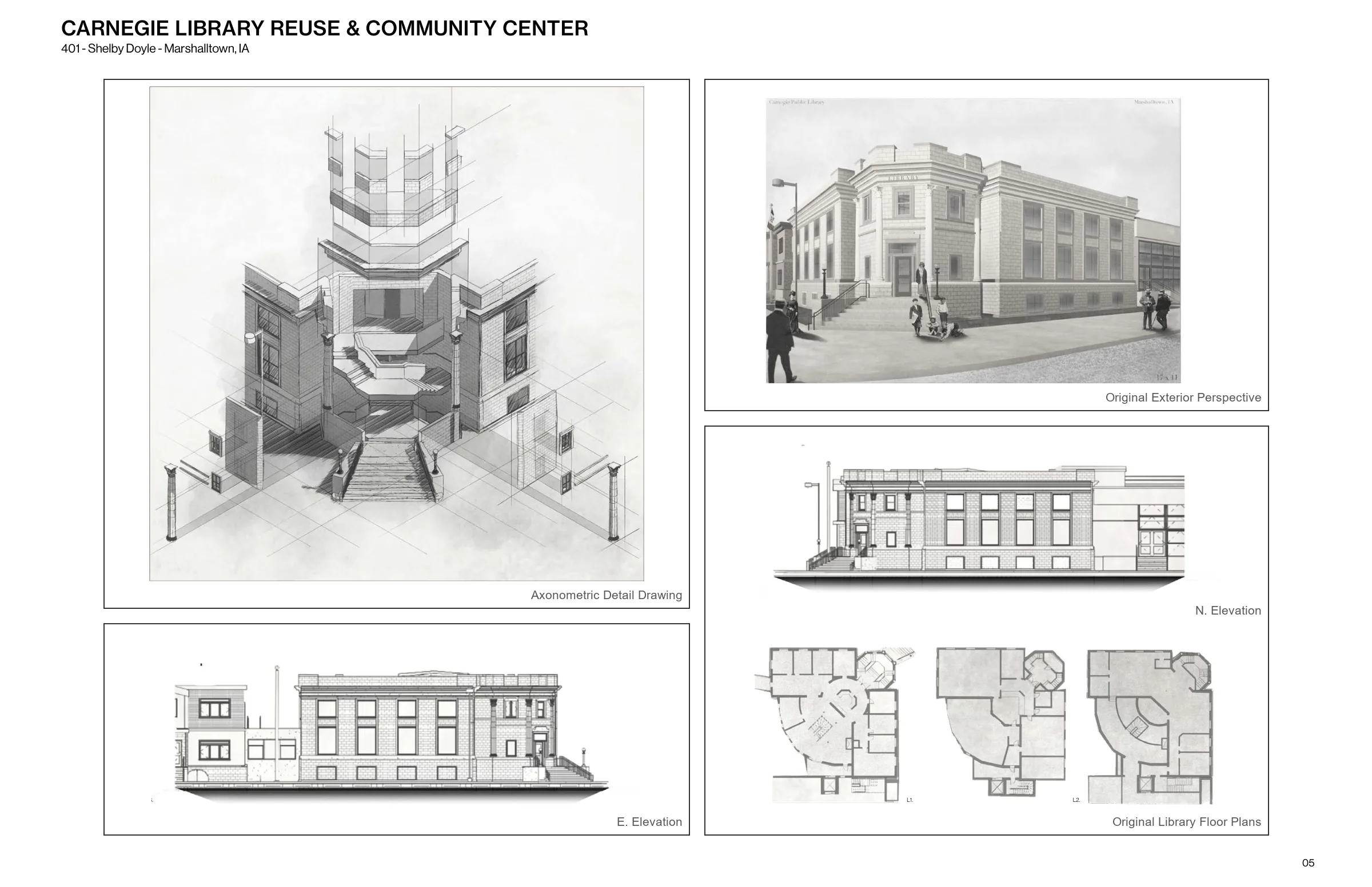 Carnegie Library Reuse & Community Center — drawings and renderings.