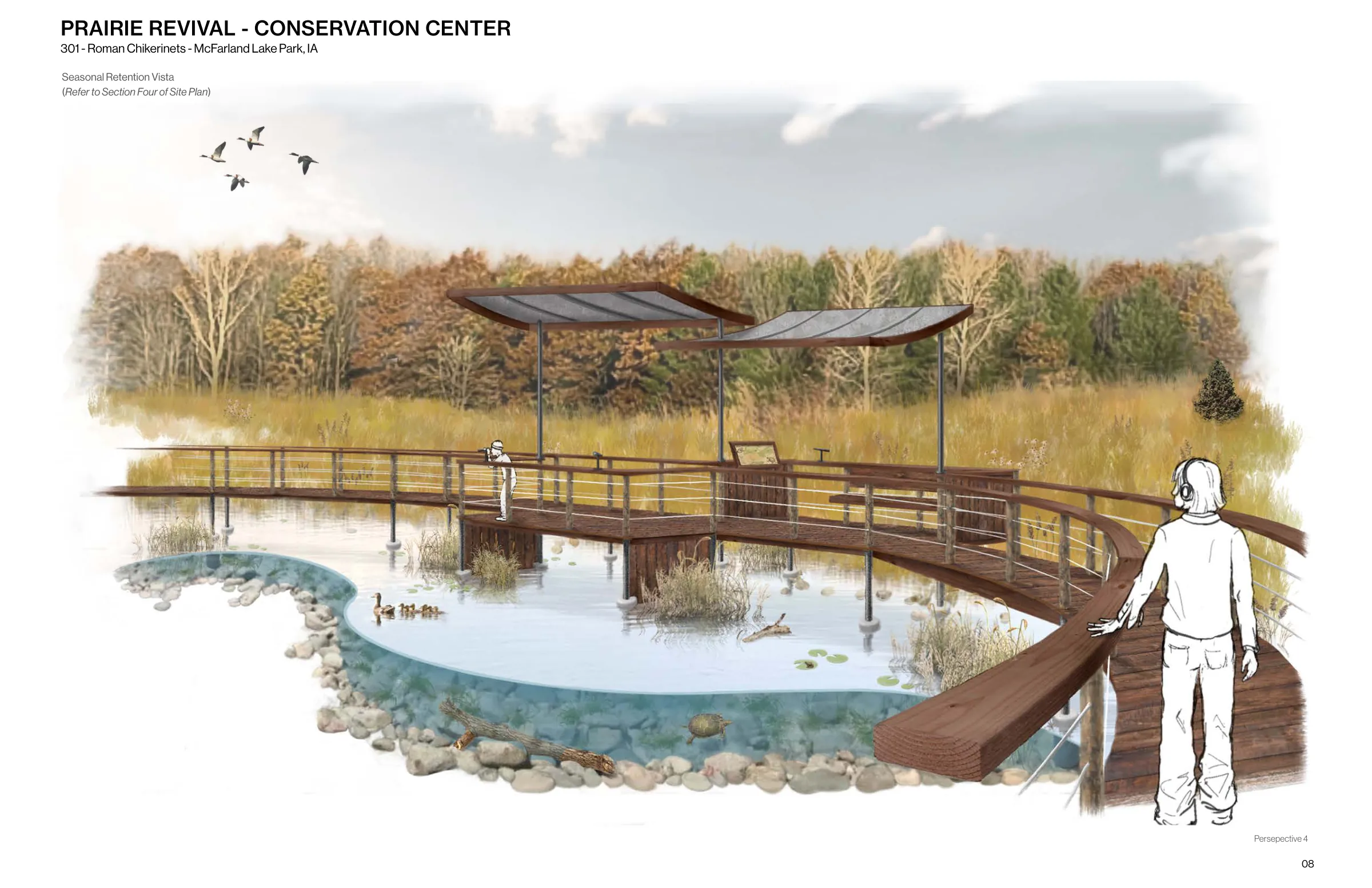 Prairie Revival — site plan and seasonal retention vista perspective.